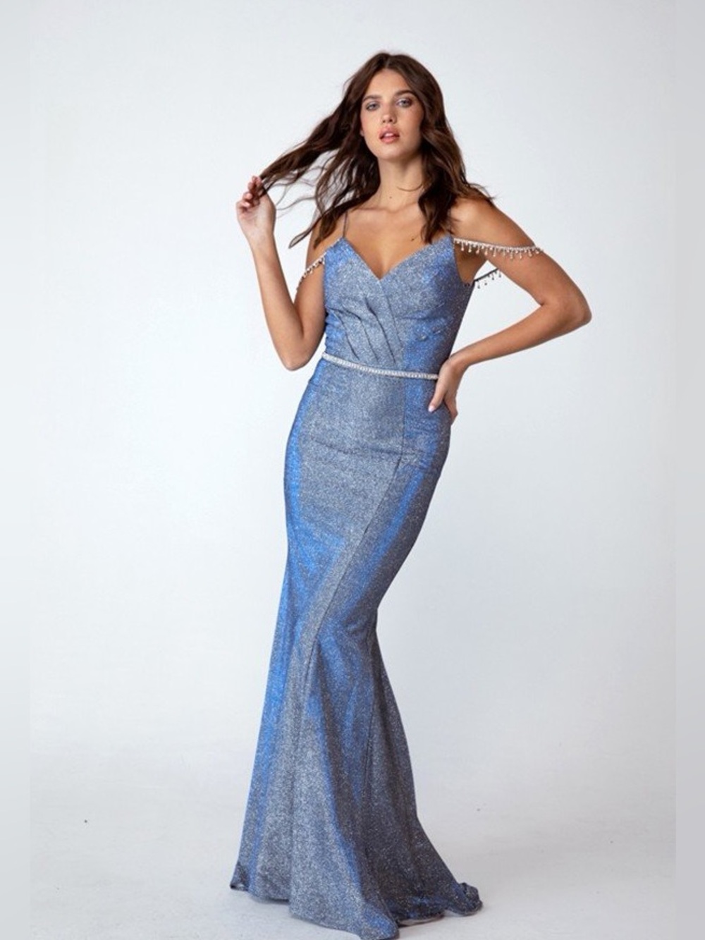 Blue Sparkle Off-Shoulder Evening Gown
